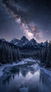 Milky Way galaxy over snow-capped mountains and frozen river in a winter pine forest, 4K mobile wallpaper