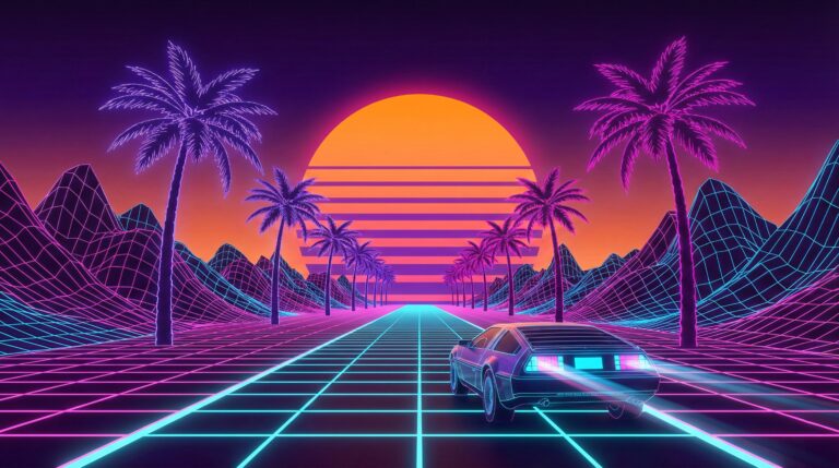 Highly detailed synthwave digital render of a retro sports car driving on a glowing neon grid road towards a vibrant sunset and palm trees cyberpunk aesthetic 4K ultra HD PC desktop wallpaper