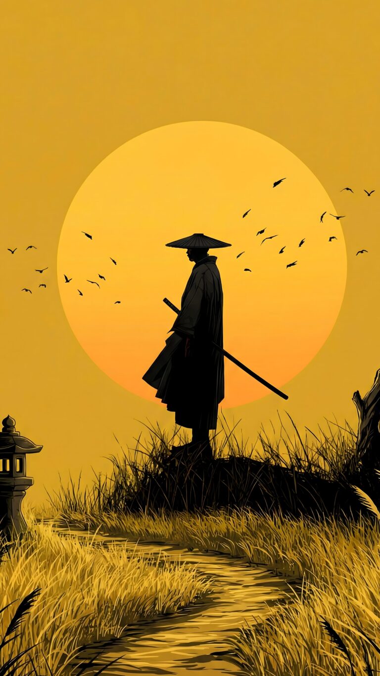 Highly detailed minimalist vector illustration of a wandering samurai silhouette standing on a path during a beautiful golden sunset aesthetic 4K ultra HD mobile wallpaper