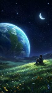 Digital art of a boy sitting on a grassy hill covered in wildflowers at night, looking up at a massive Earth-like planet and a bright crescent moon in a starry sky, peaceful and dreamy sci-fi atmosphere, 8K vertical wallpaper.