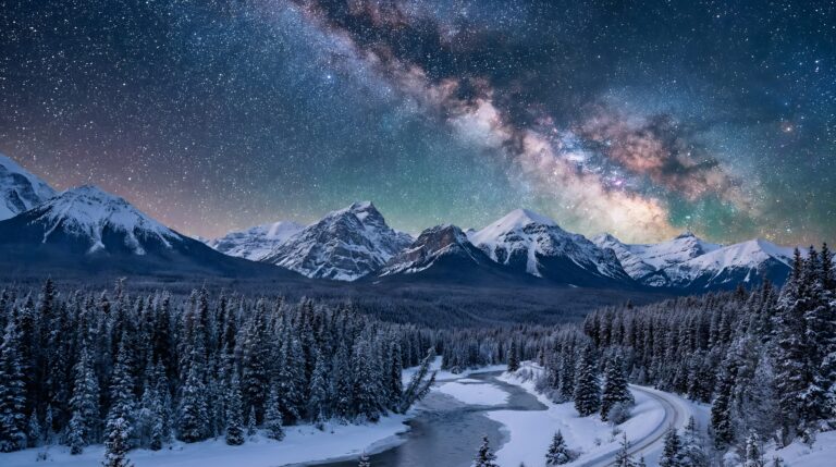Highly detailed digital render of a magical winter landscape with snowy mountains a pine forest and a stunning starry night sky with the milky way aesthetic 4K ultra HD PC desktop wallpaper