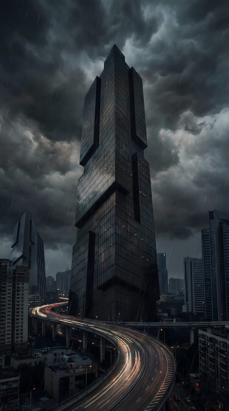 Moody dark stormy cityscape with towering architecture and long exposure traffic light trails aesthetic 4K ultra HD mobile wallpaper