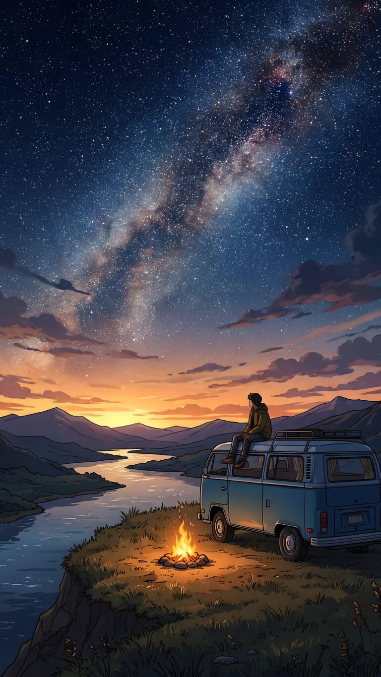 Highly detailed digital illustration of a camper van parked by a river with a campfire under a stunning starry milky way night sky aesthetic 4K ultra HD mobile wallpaper
