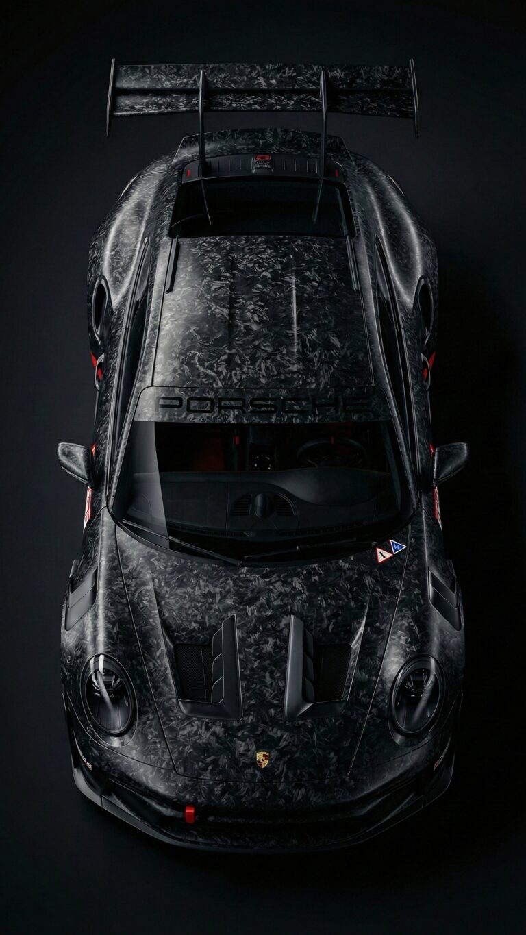 Highly detailed digital render of a stealth mode black Porsche concept car with aggressive aerodynamics dark aesthetic 4K ultra HD mobile wallpaper