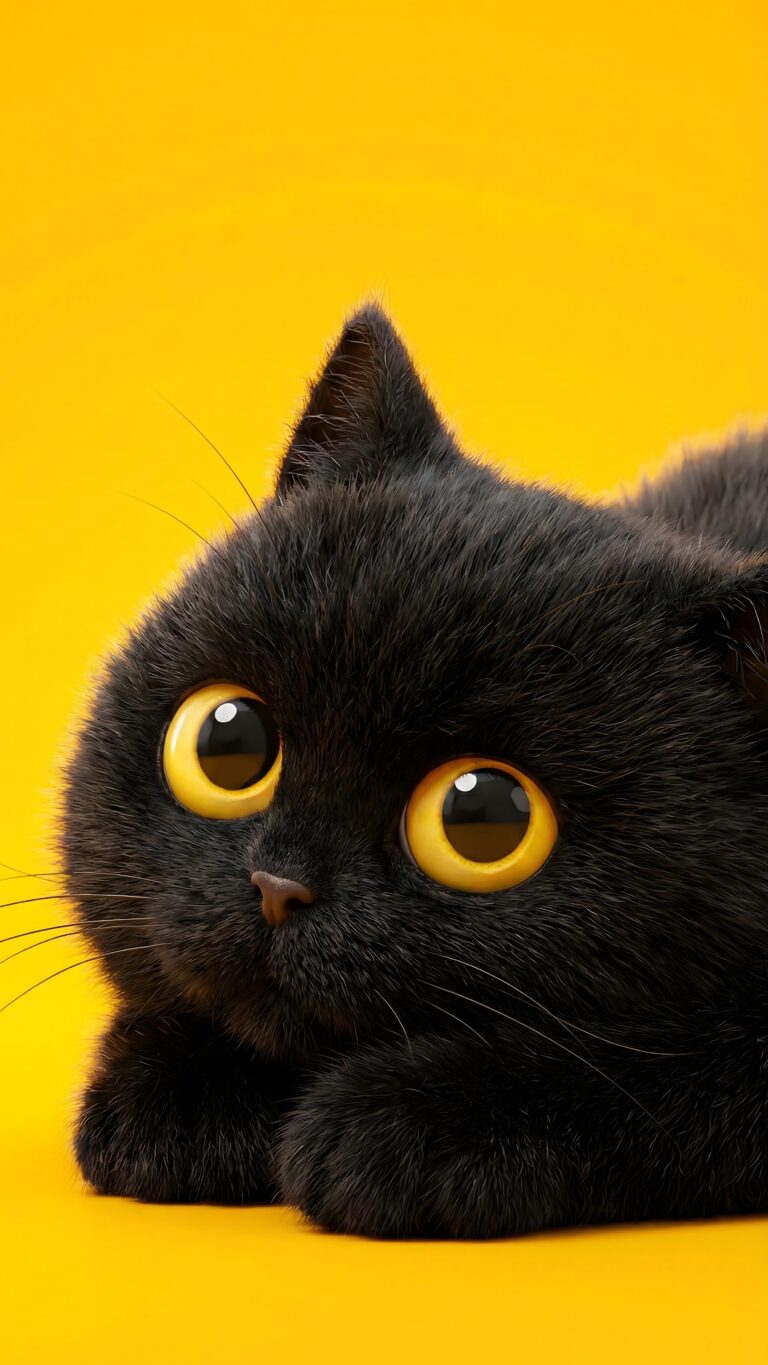 Highly detailed digital art of a cute fluffy black kitten with big yellow eyes sitting against a vibrant solid yellow background pop art aesthetic 4K ultra HD mobile wallpaper