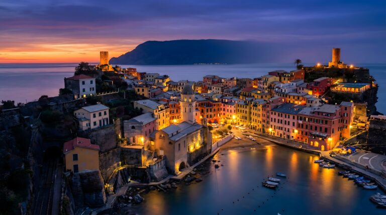 Highly detailed digital art of a magical coastal cliffside town at night with glowing warm lights and a beautiful twilight sky over the ocean aesthetic 4K ultra HD PC desktop wallpaper