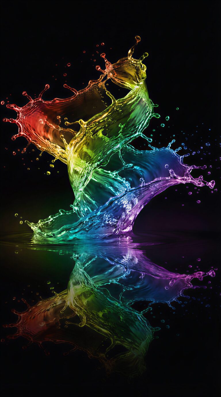 Vibrant neon colorful liquid splash forming a helix shape with reflection on dark background aesthetic 4K ultra HD mobile wallpaper