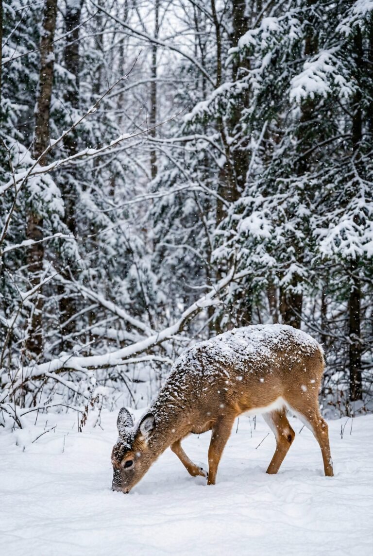 Highly detailed digital art of a beautiful deer standing in a serene snow covered winter forest aesthetic 4K ultra HD mobile wallpaper