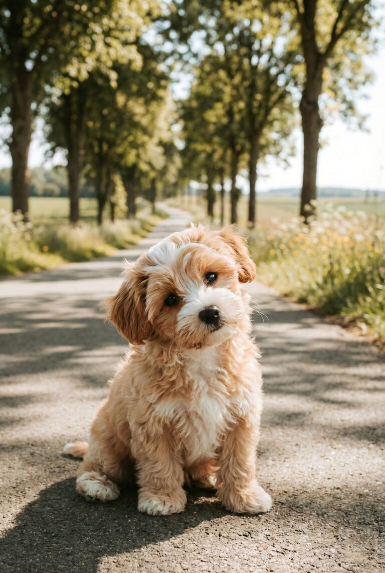 Highly detailed digital art of a cute fluffy dog sitting on a sunlit path lined with trees aesthetic 4K ultra HD mobile wallpaper