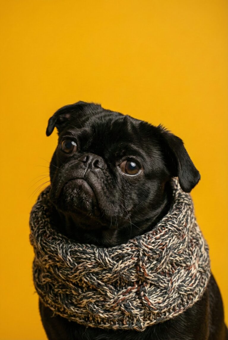 Highly detailed digital art of a cute black pug dog wearing a knitted scarf sitting against a vibrant solid yellow background aesthetic 4K ultra HD mobile wallpaper