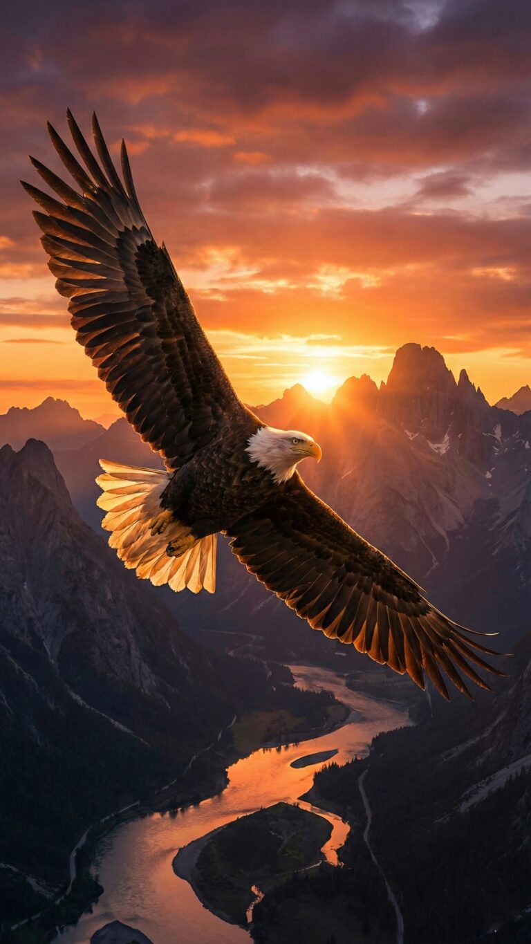 Highly detailed digital art of a majestic bald eagle soaring over a mountain valley with a winding river during a golden sunset aesthetic 4K ultra HD mobile wallpaper