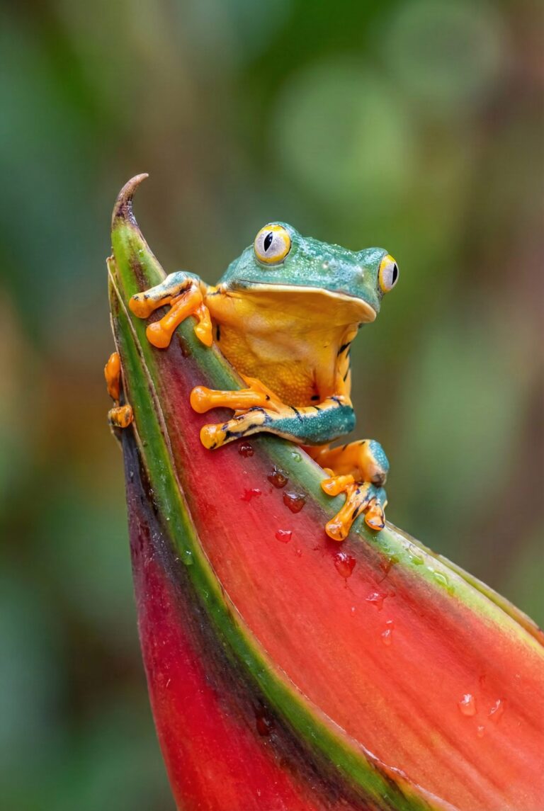 Highly detailed digital art of a vibrant green tree frog sitting on a bright red leaf with a soft green background aesthetic 4K ultra HD mobile wallpaper