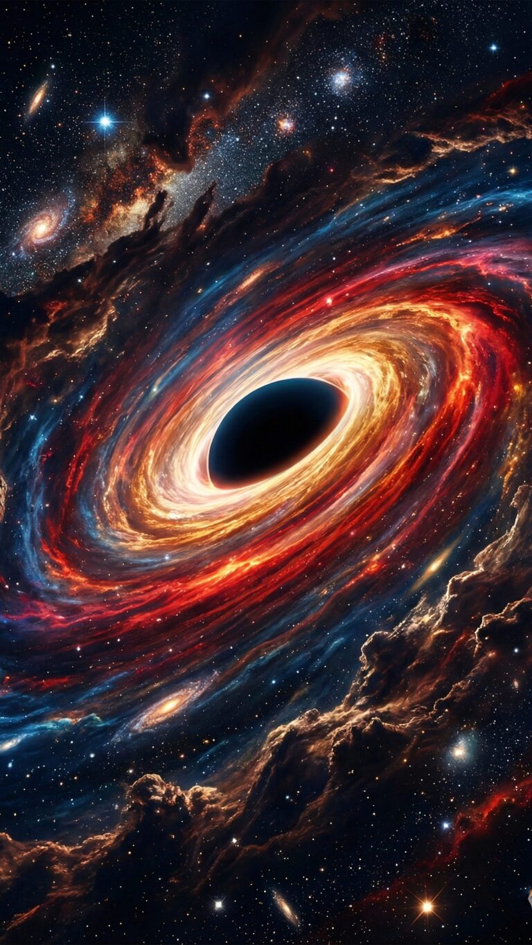 Highly detailed digital art of a massive black hole event horizon with a glowing red and blue accretion disk in deep space aesthetic 4K ultra HD mobile wallpaper