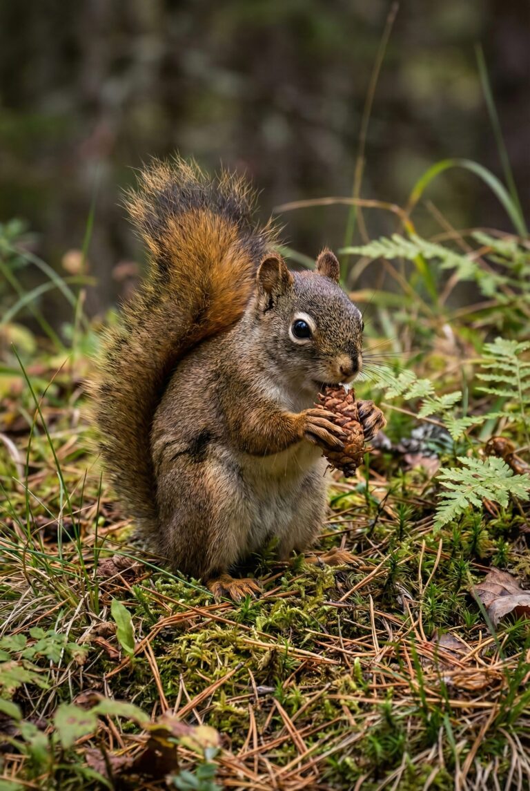 Highly detailed digital art of a squirrel eating a pinecone in a green forest setting aesthetic 4K ultra HD mobile wallpaper