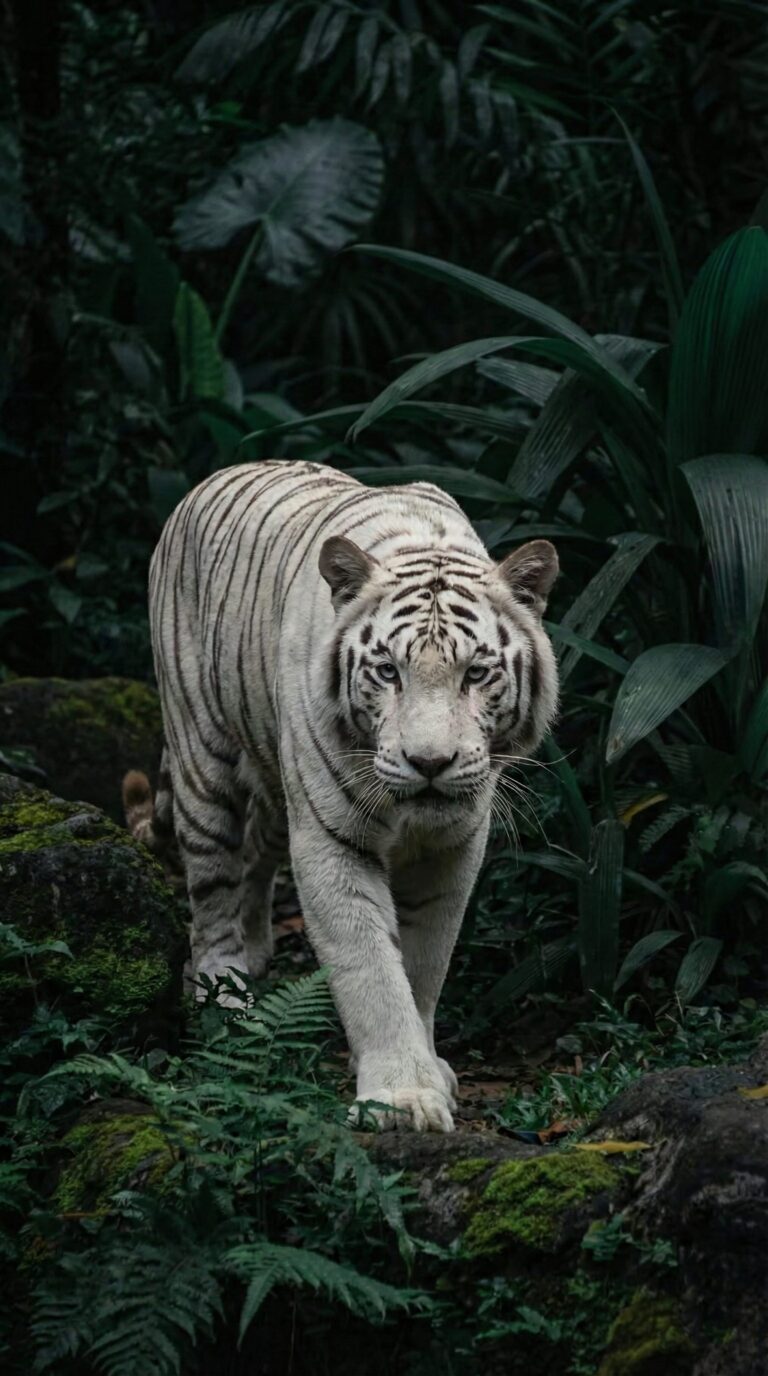 Highly detailed digital art of a majestic white tiger walking through a dark green lush jungle aesthetic 4K ultra HD mobile wallpaper