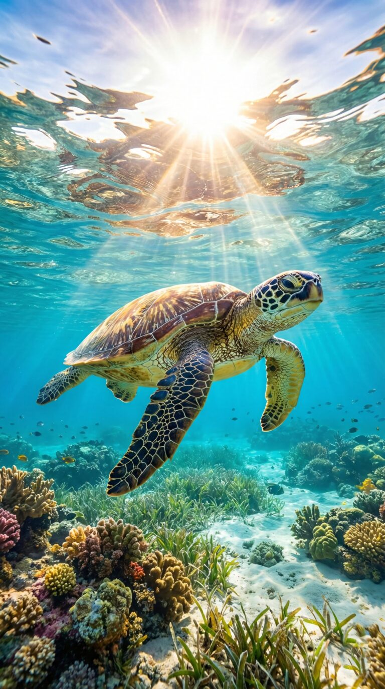 Highly detailed digital art of a sea turtle swimming underwater over a vibrant coral reef with sun rays shining through the ocean surface aesthetic 4K ultra HD mobile wallpaper