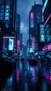 A rainy futuristic city street at night with glowing blue and pink neon signs reflecting on wet pavement.