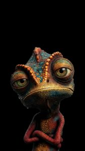 Vertical macro digital art of a highly detailed, colorful 3D chameleon with crossed arms looking directly at the camera, water droplets on scaly skin, vibrant orange and teal colors against a pitch-black background, 4K AMOLED wallpaper