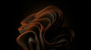Horizontal abstract 3D digital art featuring elegant folded ribbons or flower petals in deep black with glowing copper and bronze edges, smooth gradients, dark AMOLED 4K desktop wallpaper