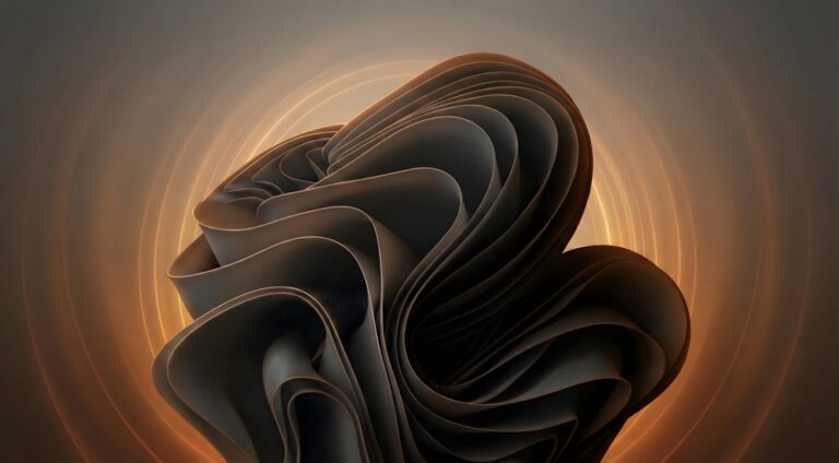 Highly detailed 3D digital render of dark abstract liquid fabric waves forming a flower shape with a warm bronze and gold glowing backlight minimalist aesthetic 4K ultra HD PC desktop wallpaper