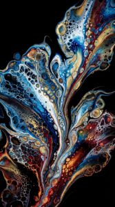 Vertical abstract digital art featuring acrylic fluid pouring technique, vibrant blue, gold, crimson, and white colors forming cellular structures, pitch-black background, liquid marble aesthetic, high contrast AMOLED 4K wallpaper.