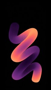 Vertical abstract 3D art wallpaper featuring a floating squiggly tube shape with a smooth gradient from deep purple to bright orange, pitch black background, minimalist modern aesthetic, 4K resolution