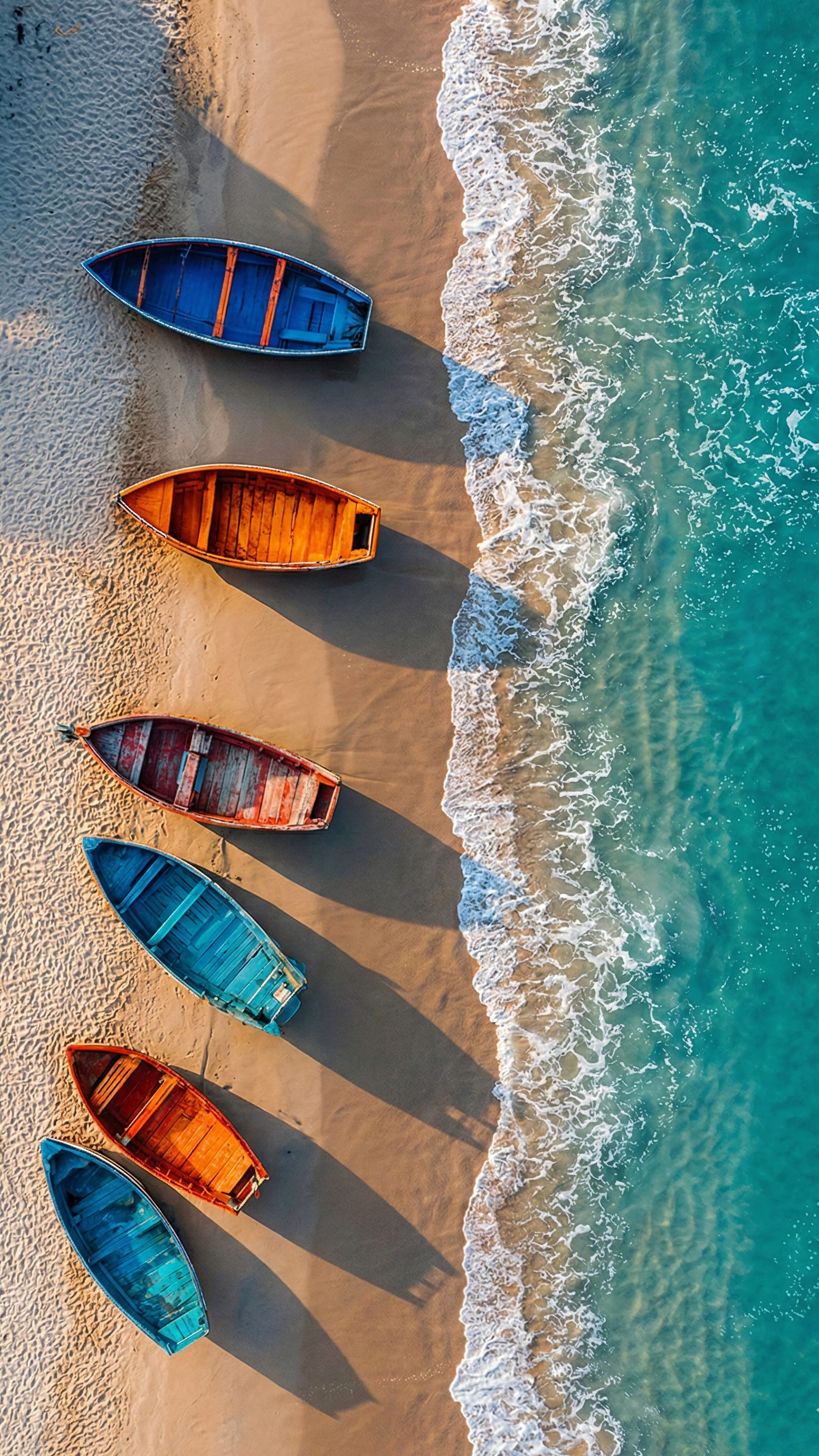 Aerial drone view of a tropical beach with golden sand and turquoise waves, featuring colorful wooden fishing boats docked in a row, vertical 4K wallpaper.