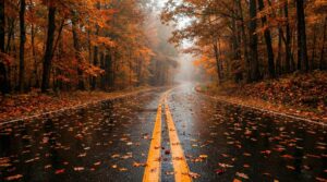 Wide angle shot of a wet asphalt road winding through a dense forest filled with vibrant orange and red autumn leaves, misty background, fallen leaves on the ground, realistic nature photography style, 4K landscape wallpaper.