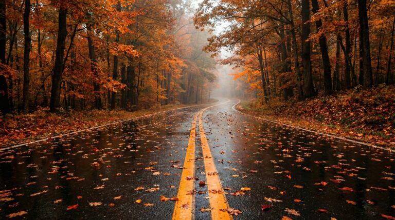 Highly detailed digital render of a cozy misty autumn forest road with wet asphalt and fallen orange leaves aesthetic 4K ultra HD PC desktop wallpaper