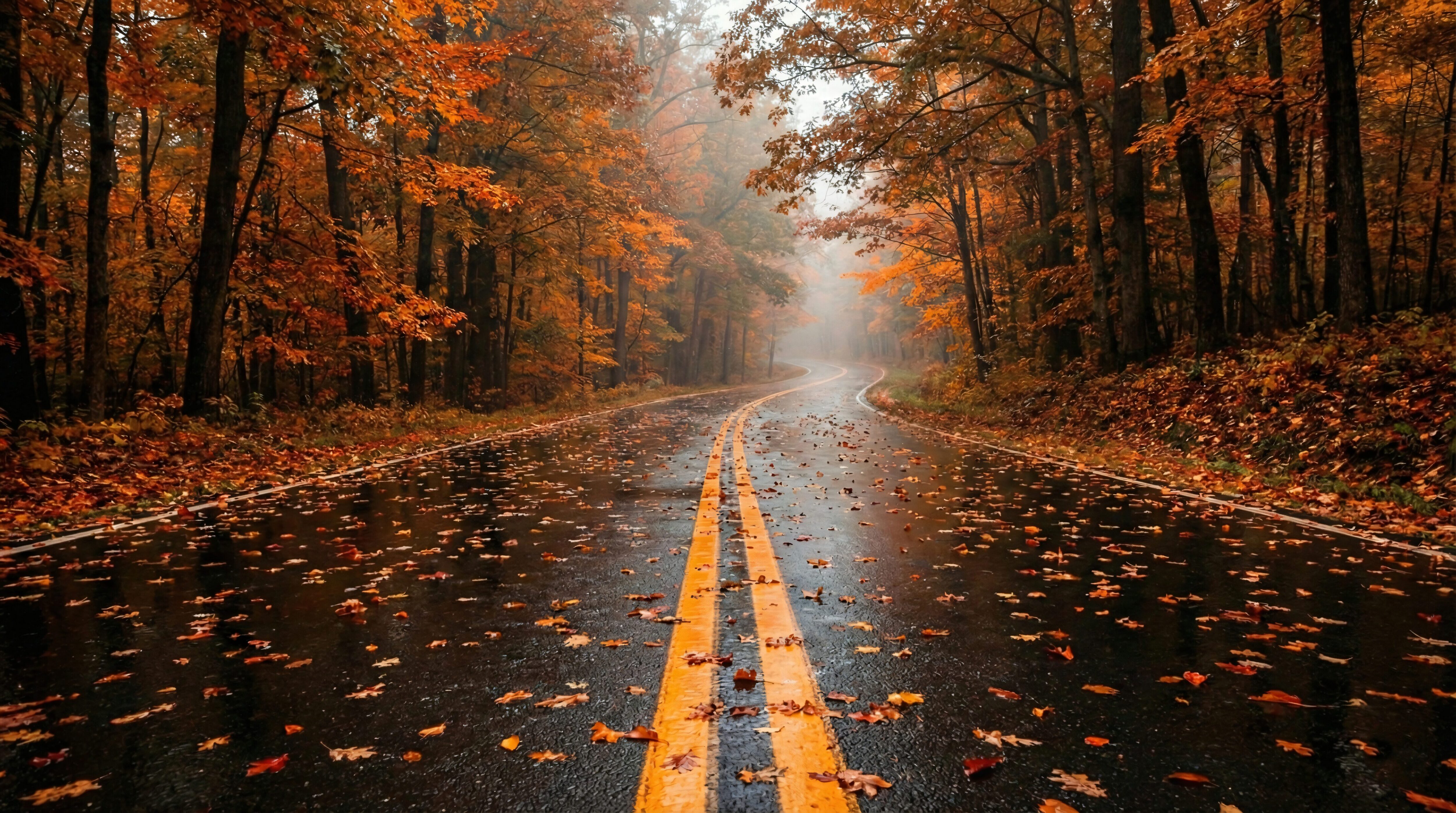 Cozy Autumn Vibes: Misty Road & Falling Leaves (AI+Edited)