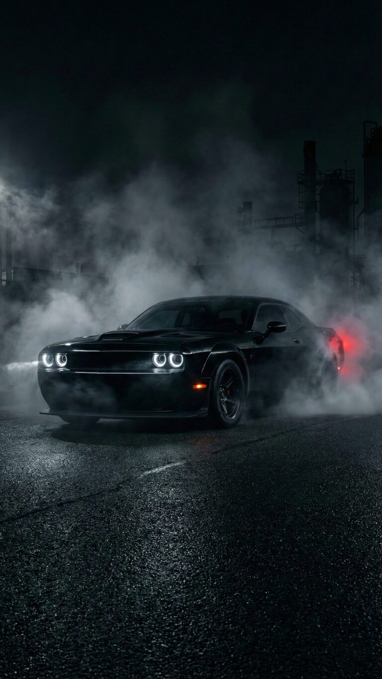 Highly detailed digital render of a black Dodge Challenger muscle car surrounded by thick white smoke on a dark asphalt road at night cinematic aesthetic 4K ultra HD mobile wallpaper