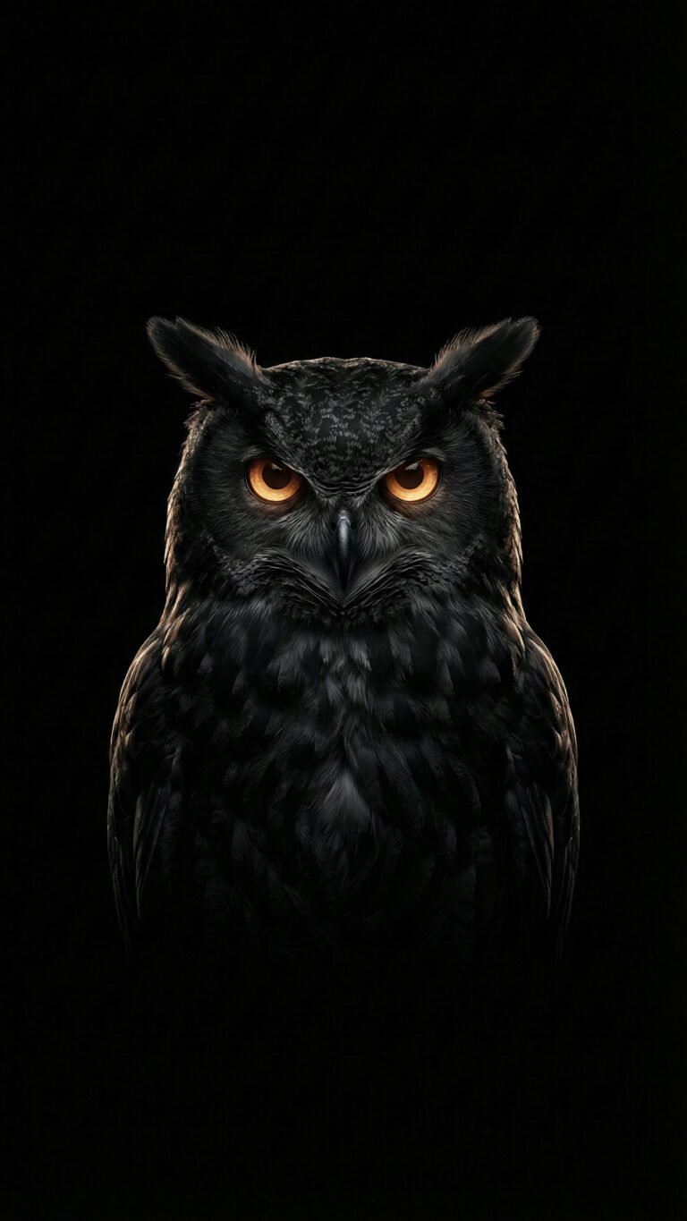 Highly detailed digital render of a mysterious black owl with glowing orange eyes against a pure pitch black background dark aesthetic 4K ultra HD mobile wallpaper