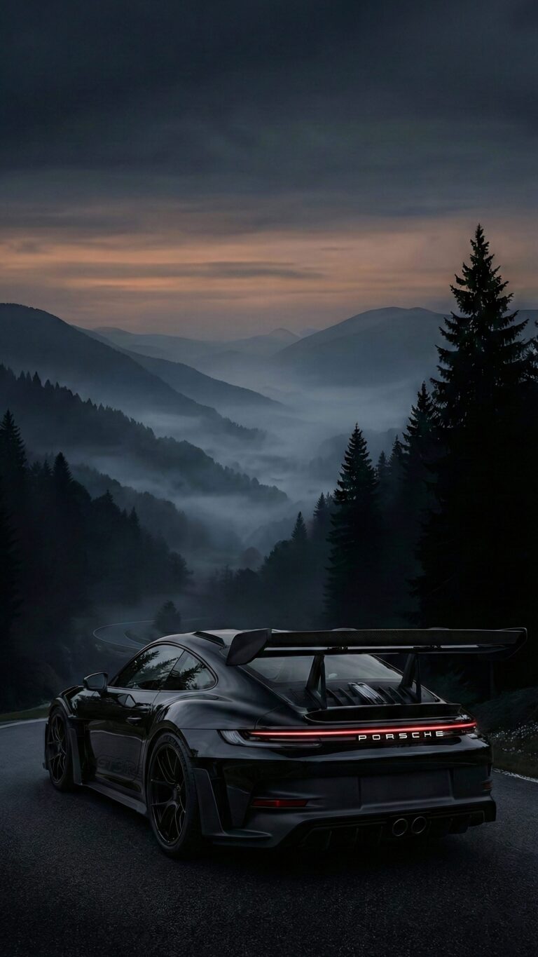 Highly detailed digital render of a sleek dark Porsche 911 high performance sports car parked on a mountain road surrounded by pine trees and heavy mist aesthetic 4K ultra HD mobile wallpaper