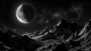 Horizontal black and white digital art of a massive detailed moon glowing over rugged mountain peaks, vast starry night sky, high contrast lunar landscape, dark sci-fi aesthetic 4K desktop wallpaper