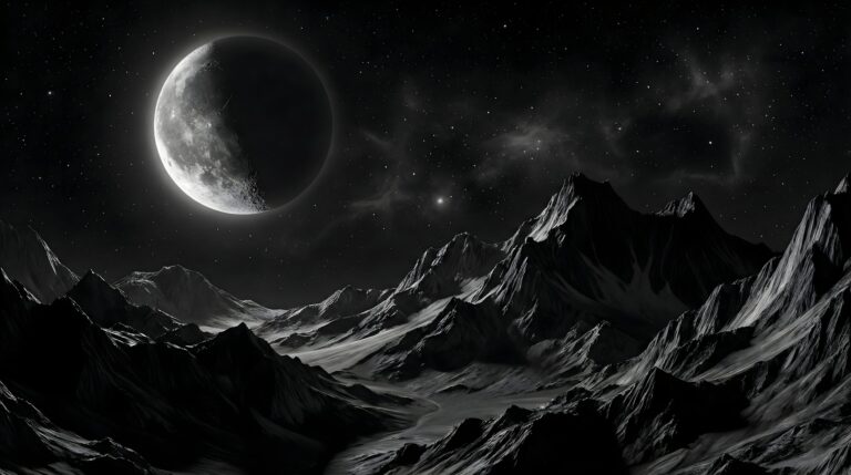 Highly detailed monochrome digital render of a dark sci-fi landscape featuring rugged mountains a large glowing moon and a starry night sky minimalist aesthetic 4K ultra HD PC desktop wallpaper