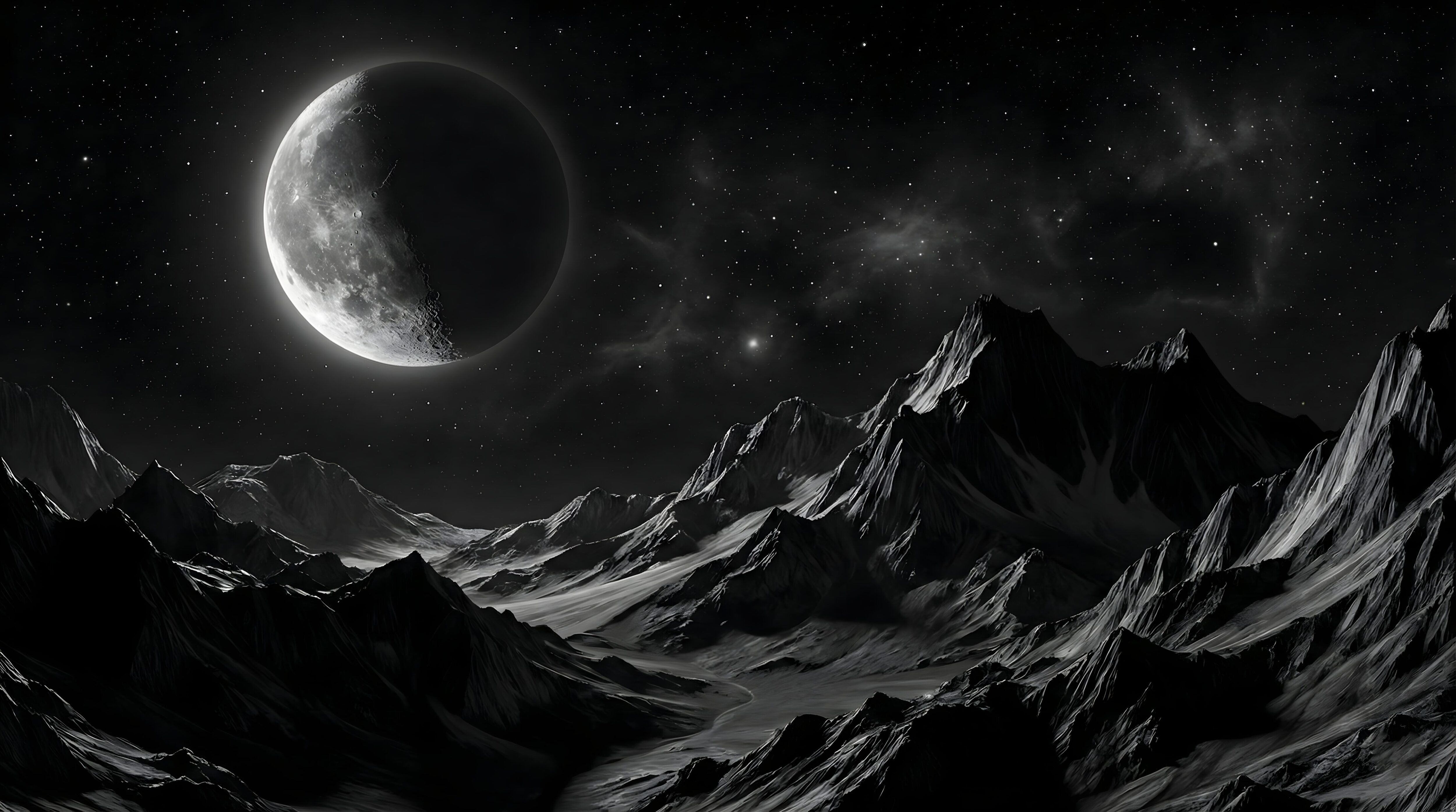 Black and White Moon Landscape Wallpaper 4K: Dark Sci-Fi Mountains (Ai Art)