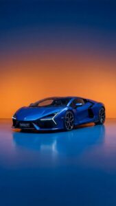 Vertical 3D digital art of a blue Lamborghini Revuelto parked in a minimalist studio, striking complementary orange to blue gradient background with smooth floor reflections, highly detailed hyper-realistic supercar 4K wallpaper.