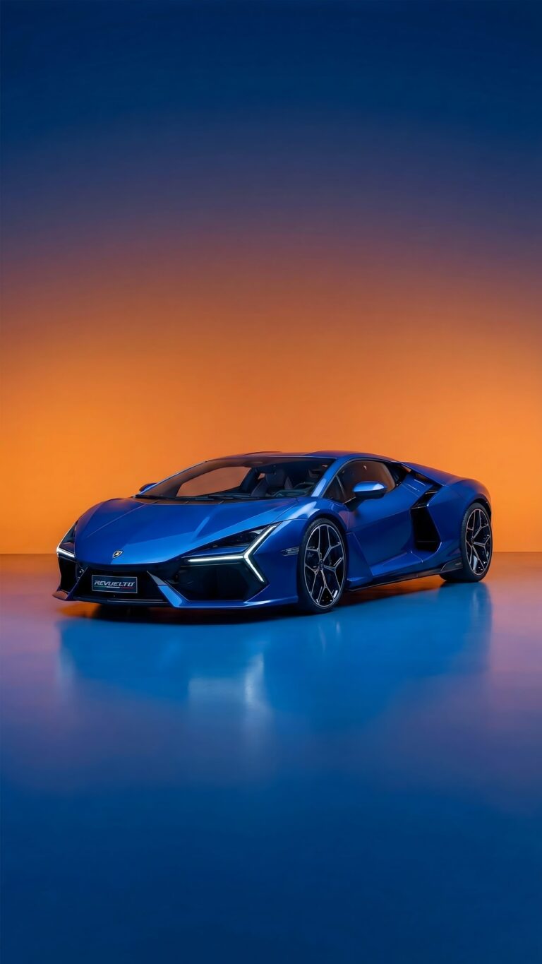 Highly detailed digital render of a sleek blue Lamborghini Revuelto supercar in a professional studio setup with orange and blue gradient background 4K ultra HD mobile wallpaper