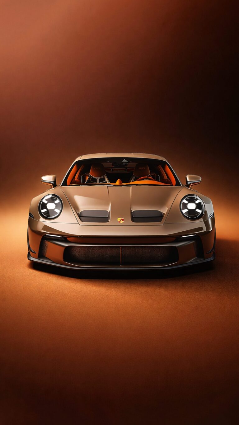 Highly detailed digital render of a bronze Porsche 911 GT3 RS supercar in a luxury studio portrait with warm lighting aesthetic 4K ultra HD mobile wallpaper