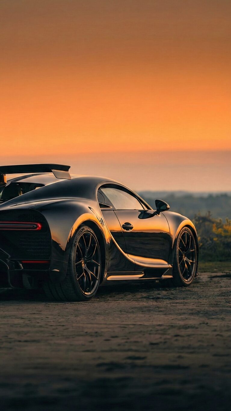 Highly detailed digital render of a black Bugatti Chiron supercar parked on a dirt road during a golden hour sunset aesthetic 4K ultra HD mobile wallpaper