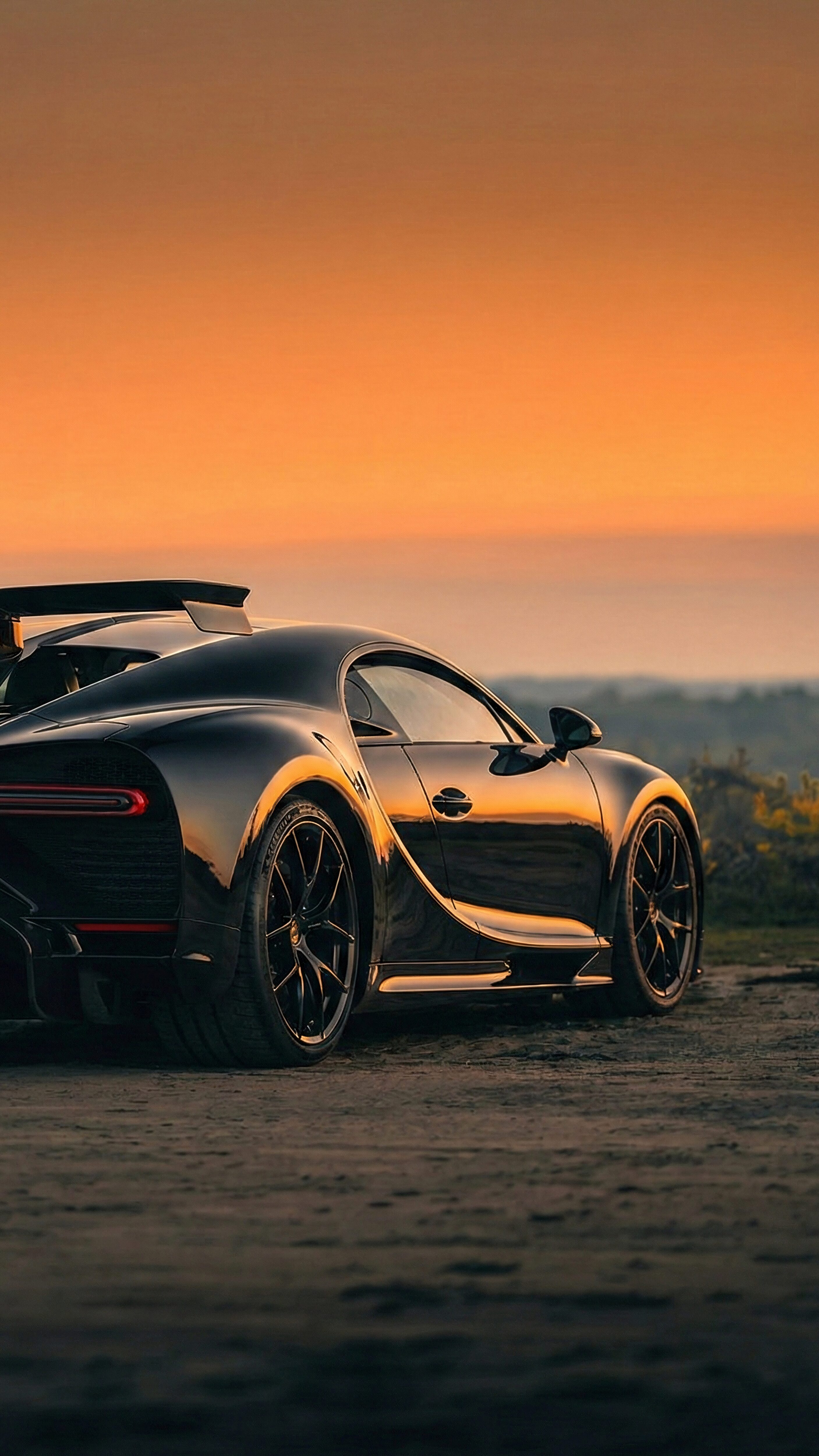 Black Bugatti Chiron Wallpaper 4K: Sunset Golden Hour Rear View (Ai Art)