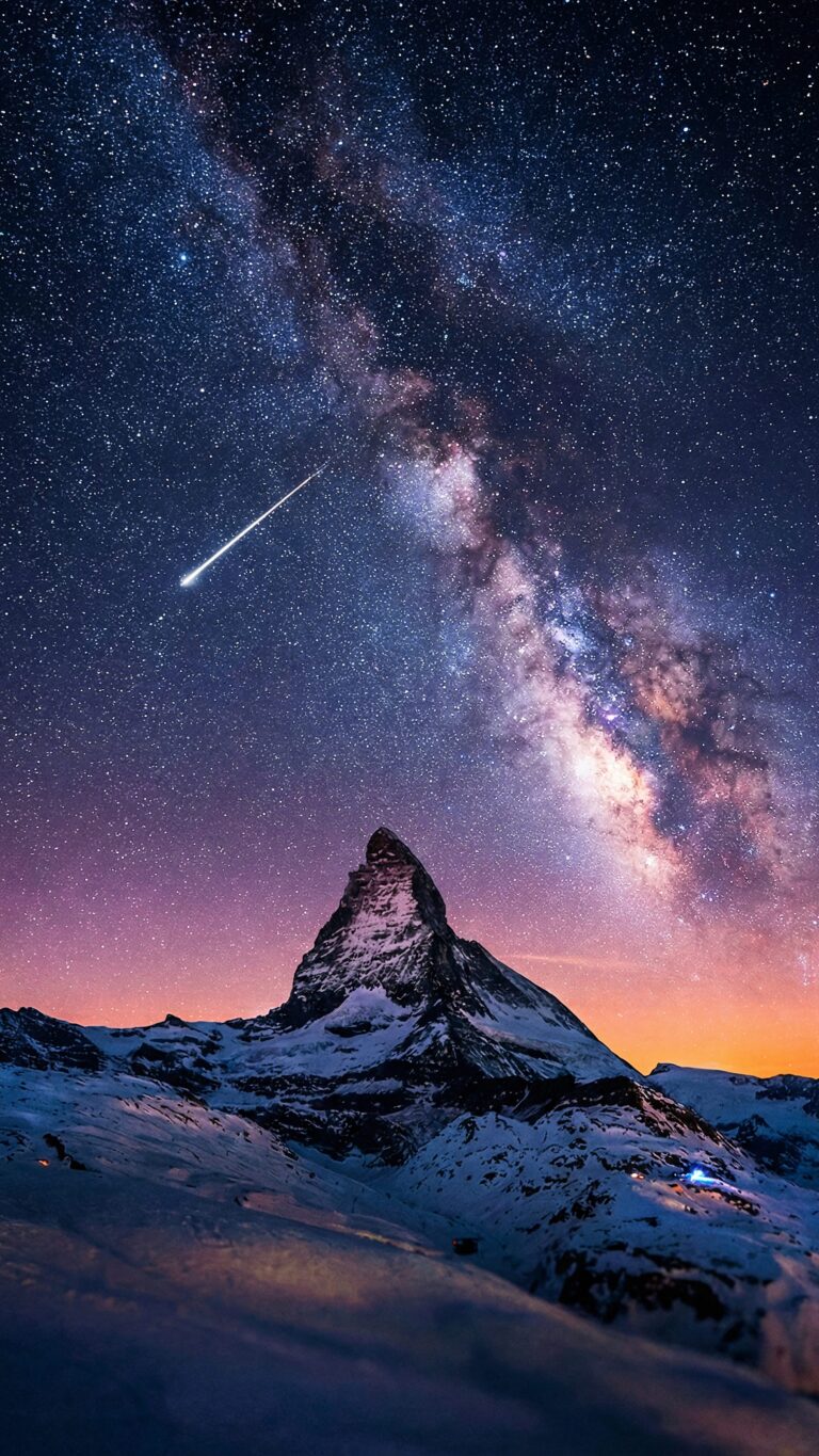 Highly detailed digital render of a majestic snow covered mountain peak under a breathtaking cosmic starry night sky with the milky way and a shooting star aesthetic 4K ultra HD mobile wallpaper