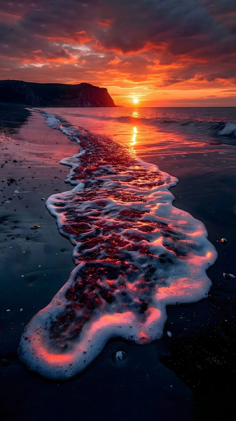 Highly detailed digital render of a dark black sand beach with ocean waves and sea foam reflecting a dramatic crimson red sunset aesthetic 4K ultra HD mobile wallpaper