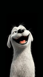 Vertical 3D digital art of a cute fluffy white dog looking up with a big happy smile, Pixar animation style, highly detailed fur, pitch black background, AMOLED 4K wallpaper.