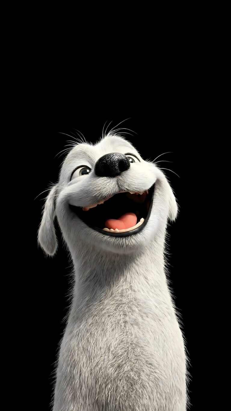 Highly detailed 3D digital render of a cute happy white dog puppy smiling warmly against a pure pitch black background minimalist animal aesthetic 4K ultra HD mobile wallpaper