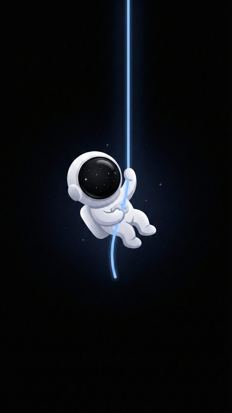 Highly detailed 3D digital render of a cute cartoon astronaut hanging onto a glowing blue tether against a pure pitch black background minimalist aesthetic 4K ultra HD mobile wallpaper
