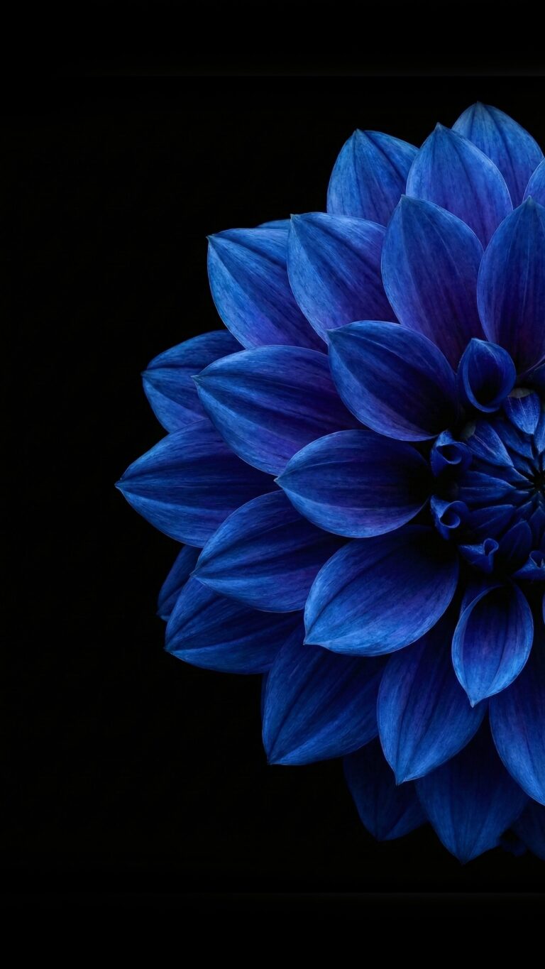 Highly detailed digital render of a vibrant sapphire blue flower with delicate petals positioned on the right against a pure black background aesthetic 4K ultra HD mobile wallpaper