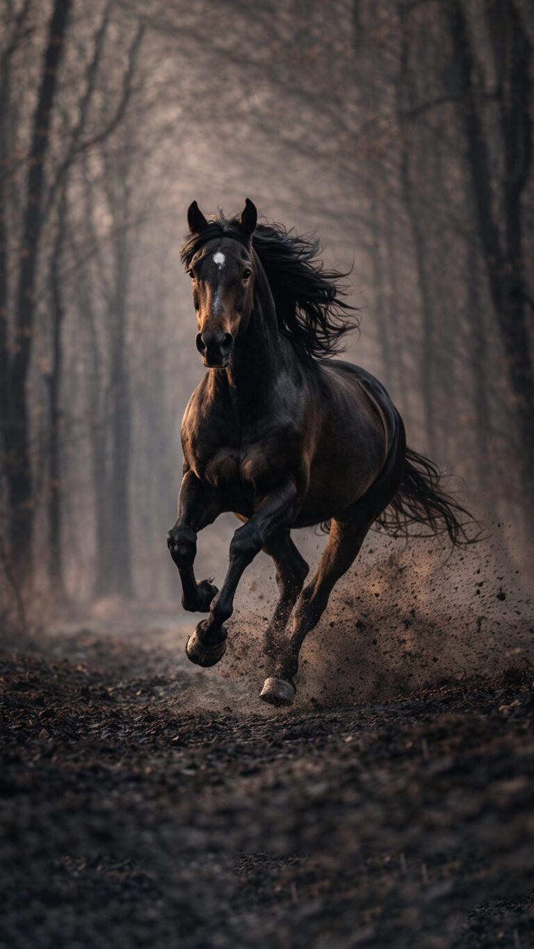Highly detailed digital render of a majestic black horse galloping through a misty forest with dust rising from the ground aesthetic 4K ultra HD mobile wallpaper