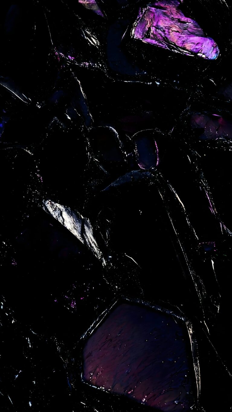 Highly detailed digital render of dark obsidian crystal fragments with glowing purple iridescent edges on a deep black background minimalist aesthetic 4K ultra HD mobile wallpaper