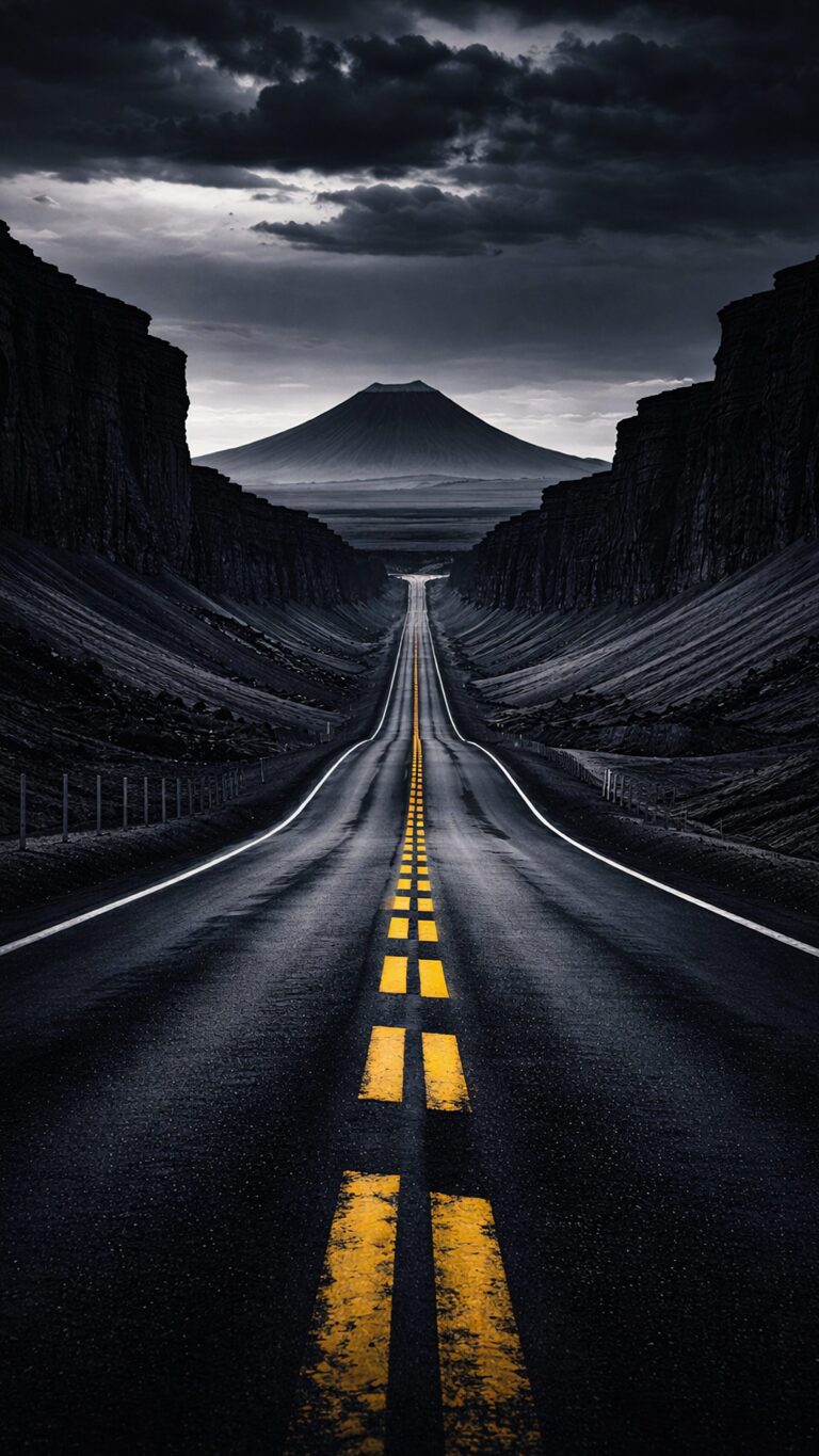 Highly detailed digital render of a dark moody asphalt road with yellow lines leading towards a distant mountain under a dramatic cloudy sky aesthetic 4K ultra HD mobile wallpaper